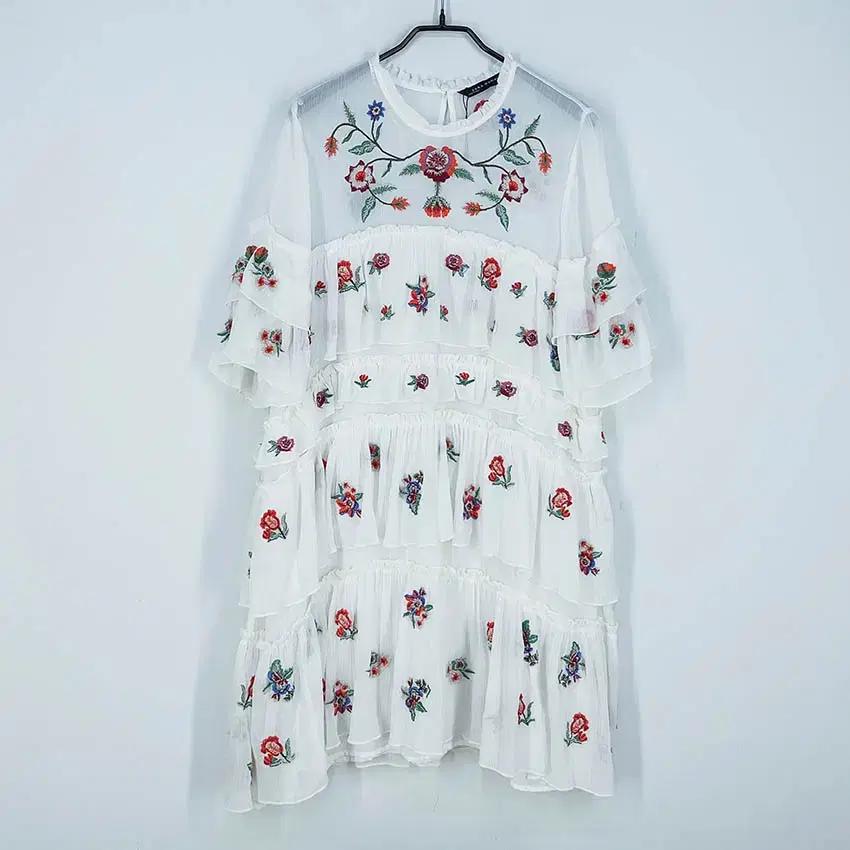 자라 여성 꽃자수 쉬폰시스루 미니원피스 연아이보리 (HU39754)