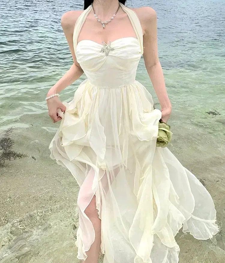 홀터넥 쉬폰원피스 바캉스룩 나시원피스 프릴 캉캉 롱원피스 동남아 휴양지