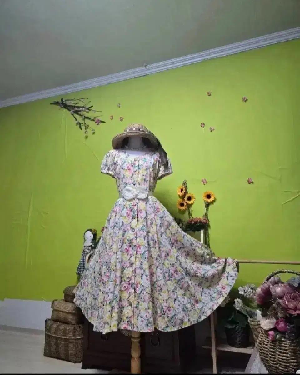 일본상품/퍼프소매/앞단추/ 꽃무늬/ 플레어 롱원피스