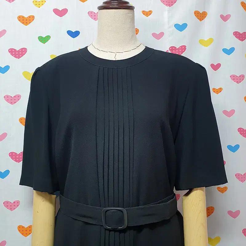 무지 블랙 핀턱 플리츠 벨트 라운드넥 반팔 셔츠 A라인 맥시 롱 원피스