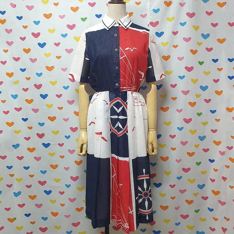 배색 유럽 갈매기 체크 패치워크 카라 버튼 반팔 셔츠 밴딩 플리츠 원피스