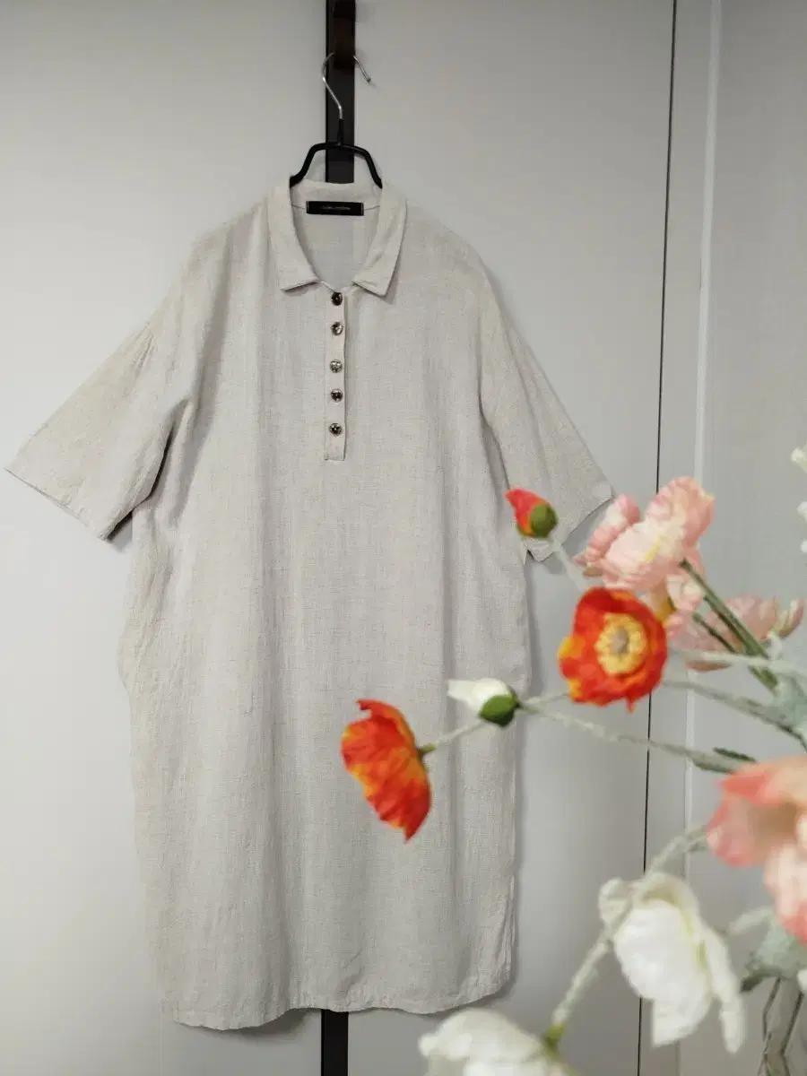 브랜드 린넨과 인견혼방의 쿨원단 단추 반오픈 주머니 박시핏 원피스