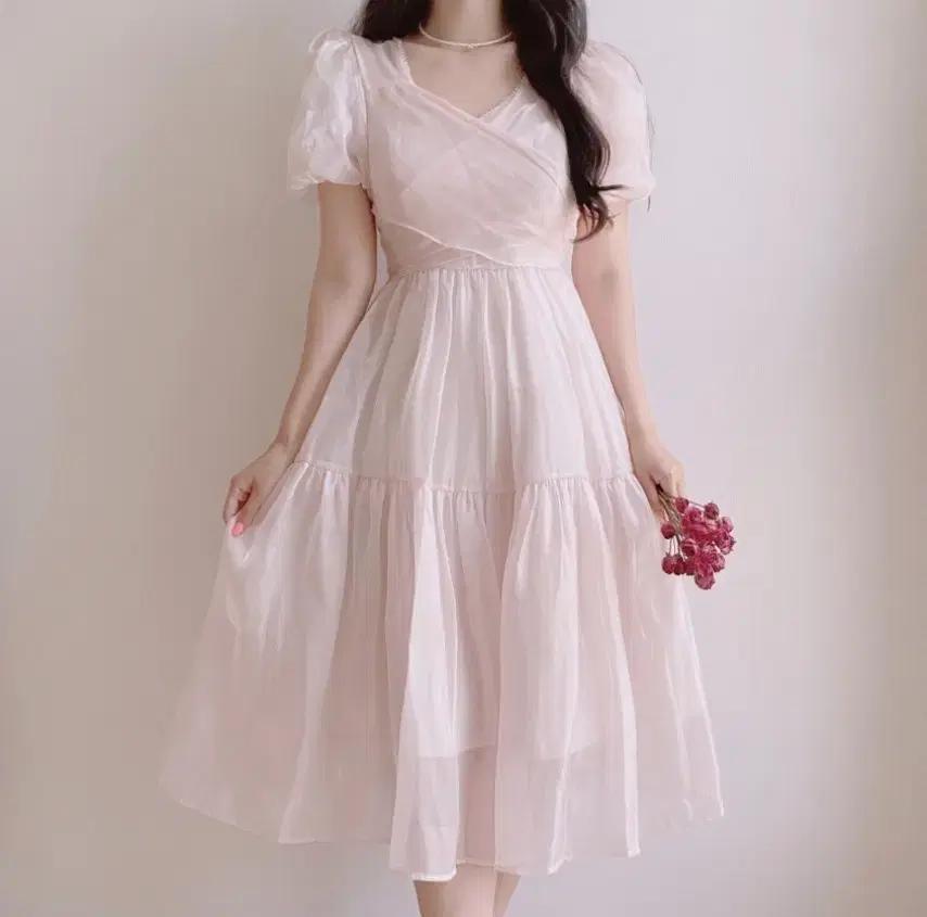 새상품) 미랑미랑 핑크 오간자 퍼프 리본 큐빅 보석 캉캉 원피스 데이트룩