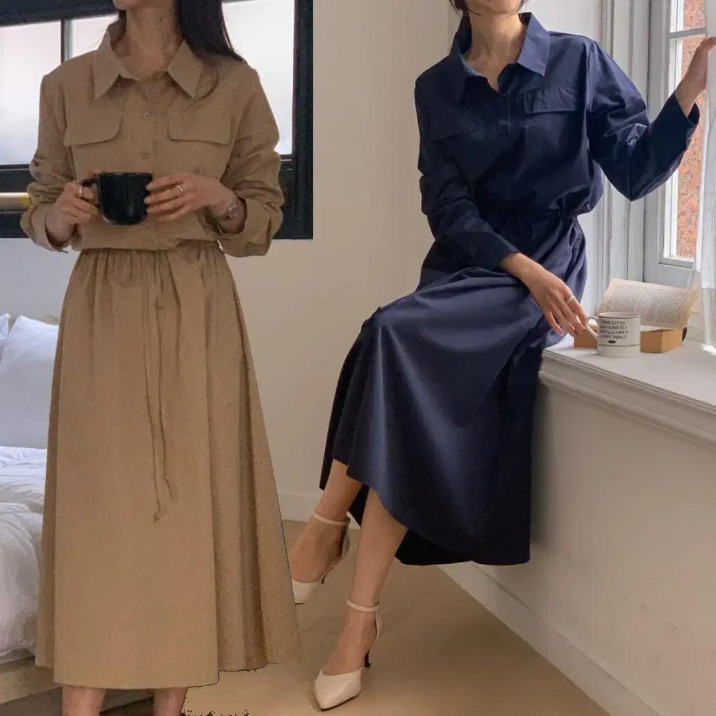 ~77 단정 깔끔 모던 심플 카라 스트링 플레어 롱원피스 캐주얼 데일리