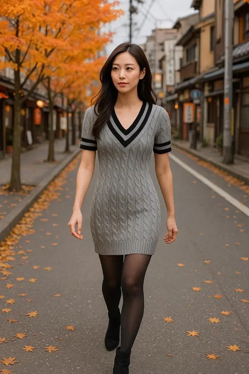 JPN 케이블 니트 브이넥 원피스