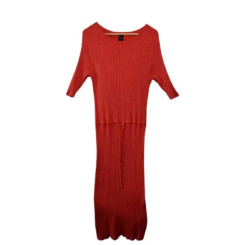 DRWCYS 레드 슬림핏 반팔 니트 롱 원피스 [S] 레이온 혼방