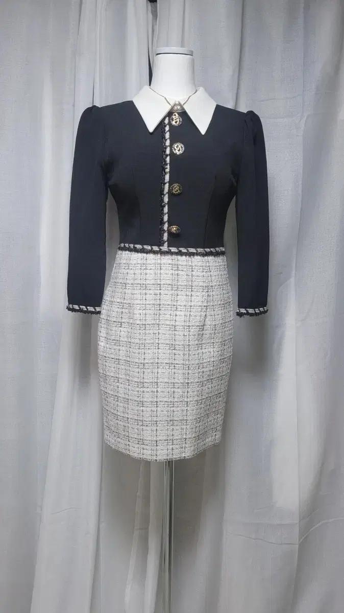 배색 트위드 원피스 S사이즈 (새상품/하객룩 추천)