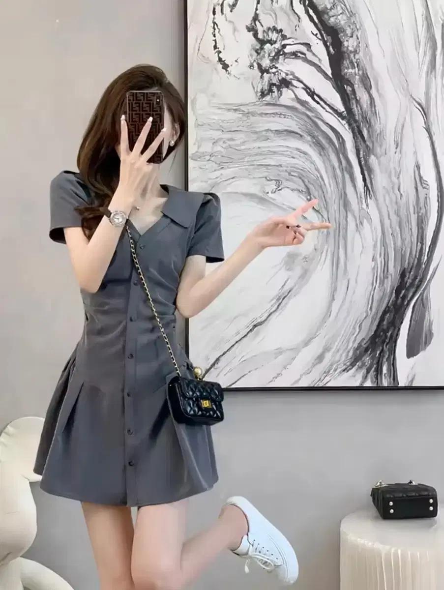 새 상품) 그레이 반팔 미니 원피스