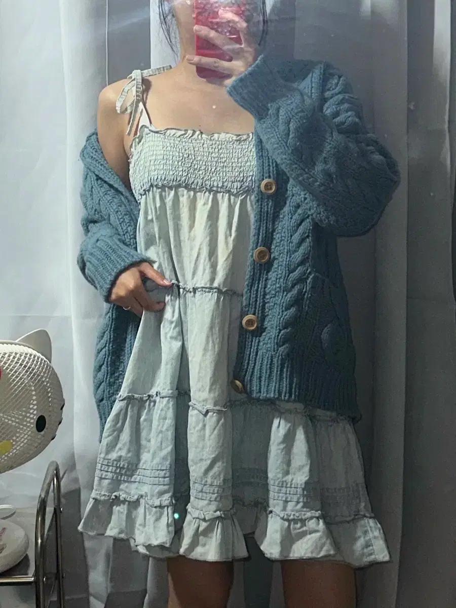 모리 데님 st 원피스 유니클로 꽈베기 가디건 코디 세트