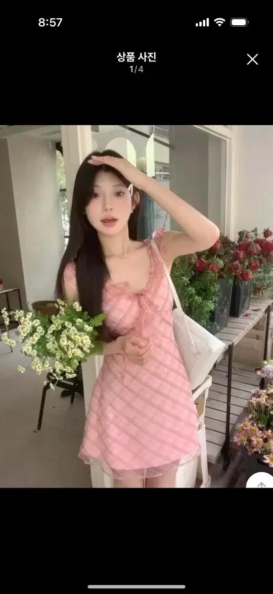 [택있음/새상품] 핑크 프릴 체크 미니원피스