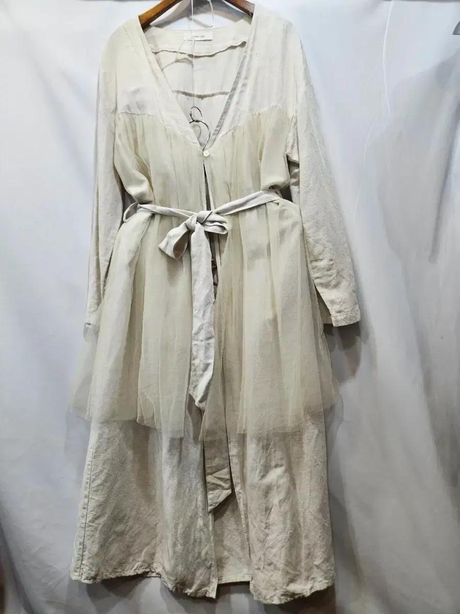 일본수입 내추럴베이지 린넨혼방 망사배색 원피스 spt