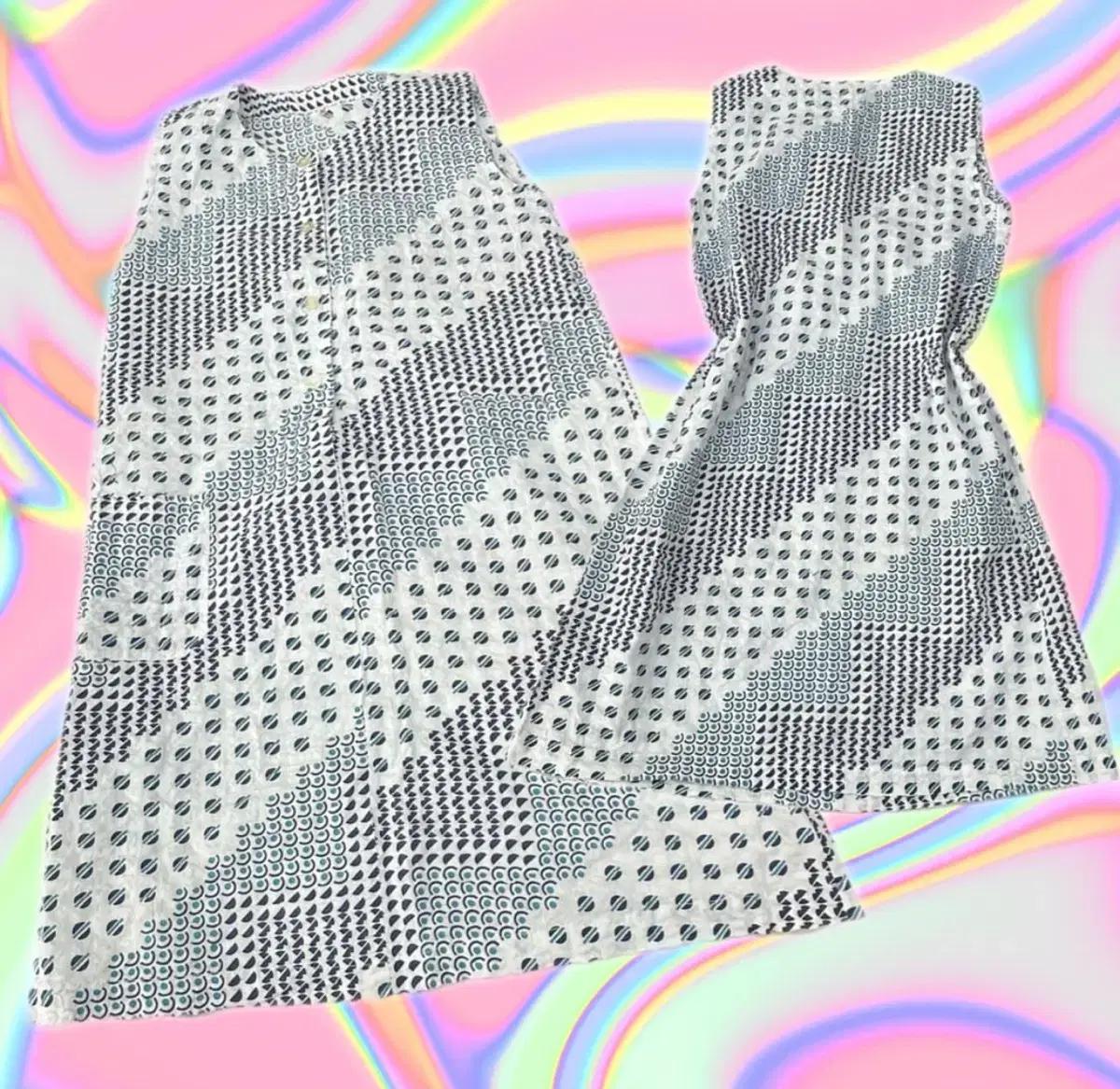 일본빈티지 여름 슬리브리스 레이어드 면 미디원피스 데미지