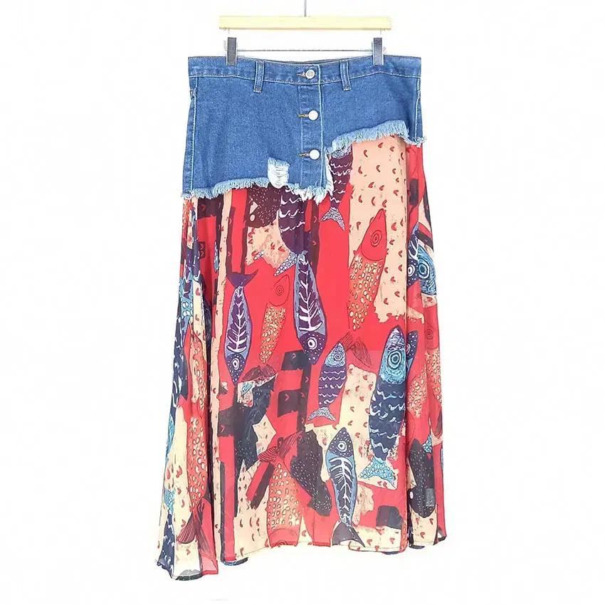 여성 여름 데님레이어드 쉬폰 롱스커트 레드 (HU40065)