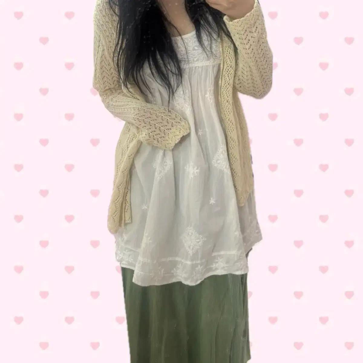 닛시 빈티지 모리걸 레이어드 코디셋 가디건 말차 롱스커트 자수 원피스