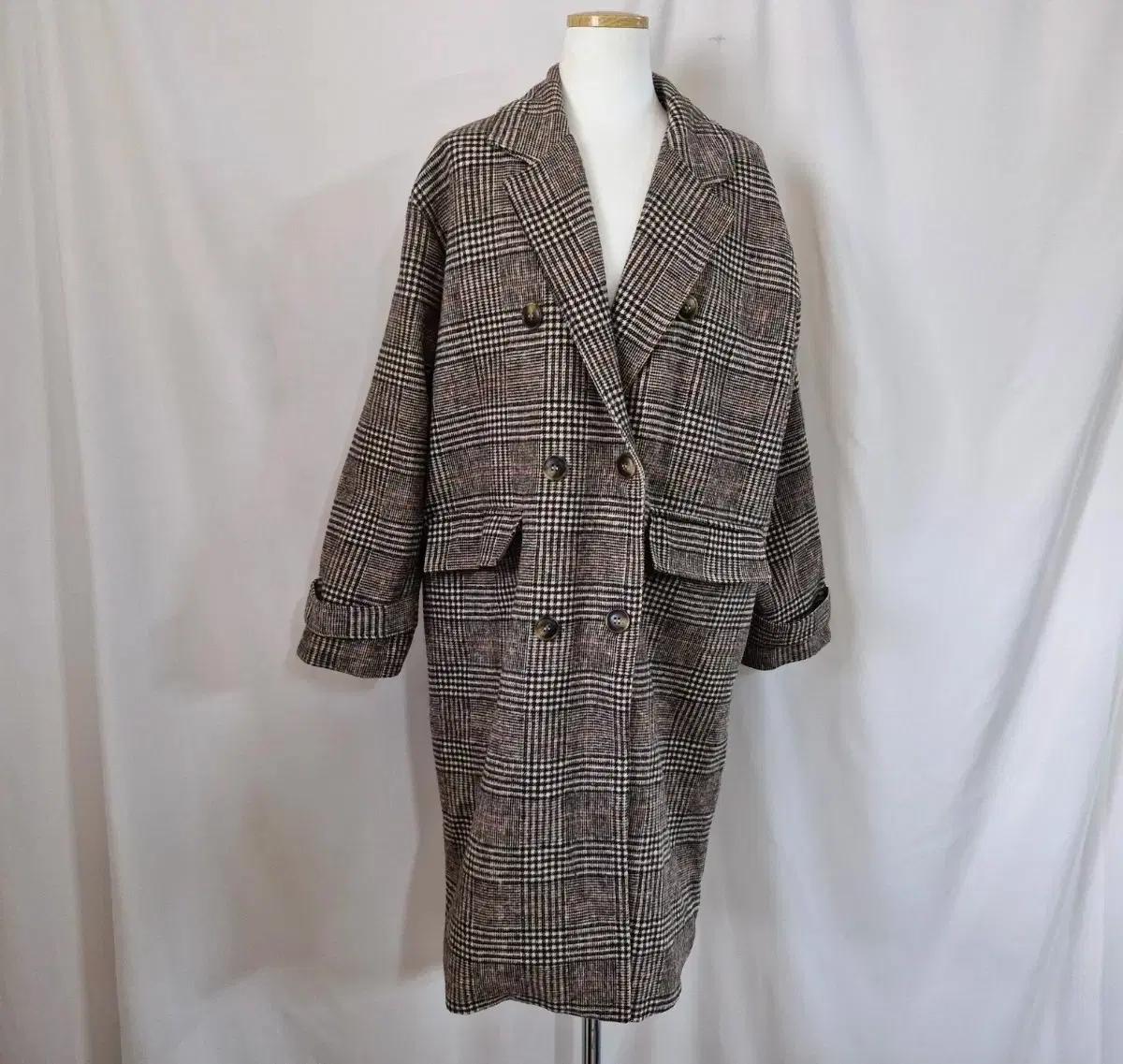 브라운 체크 오버핏 롱 코트