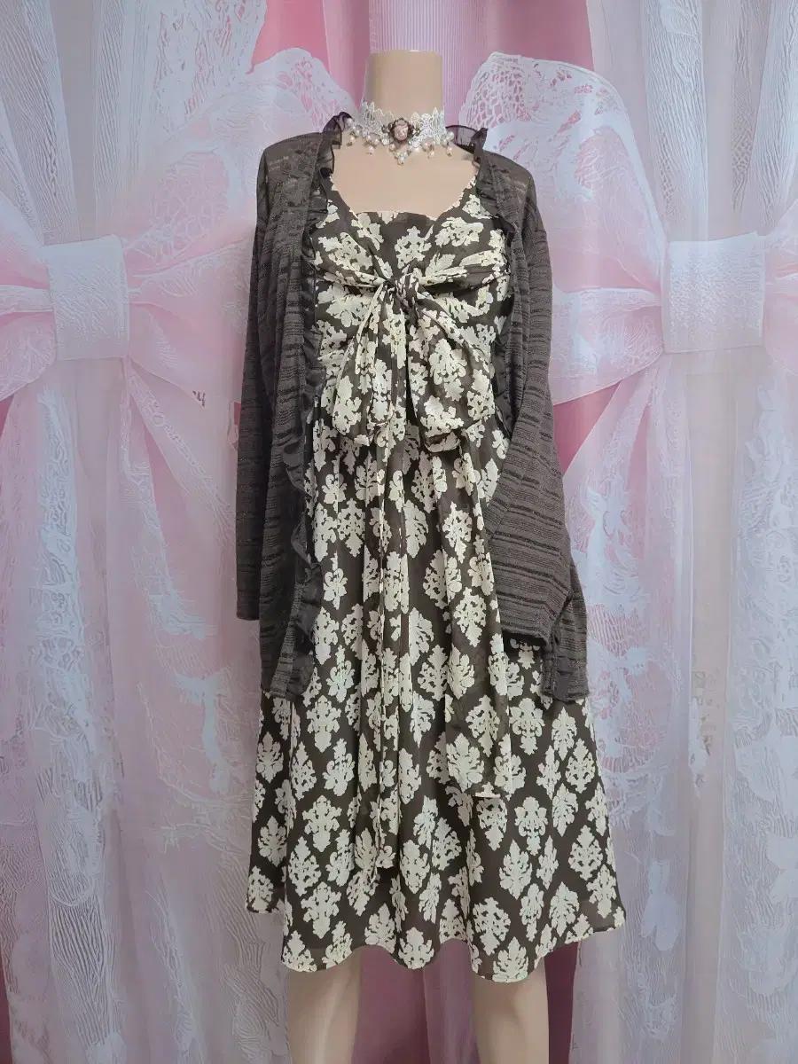 라떼 왕리본 원피스 프릴 레이스 오버핏 가디건 코디세트