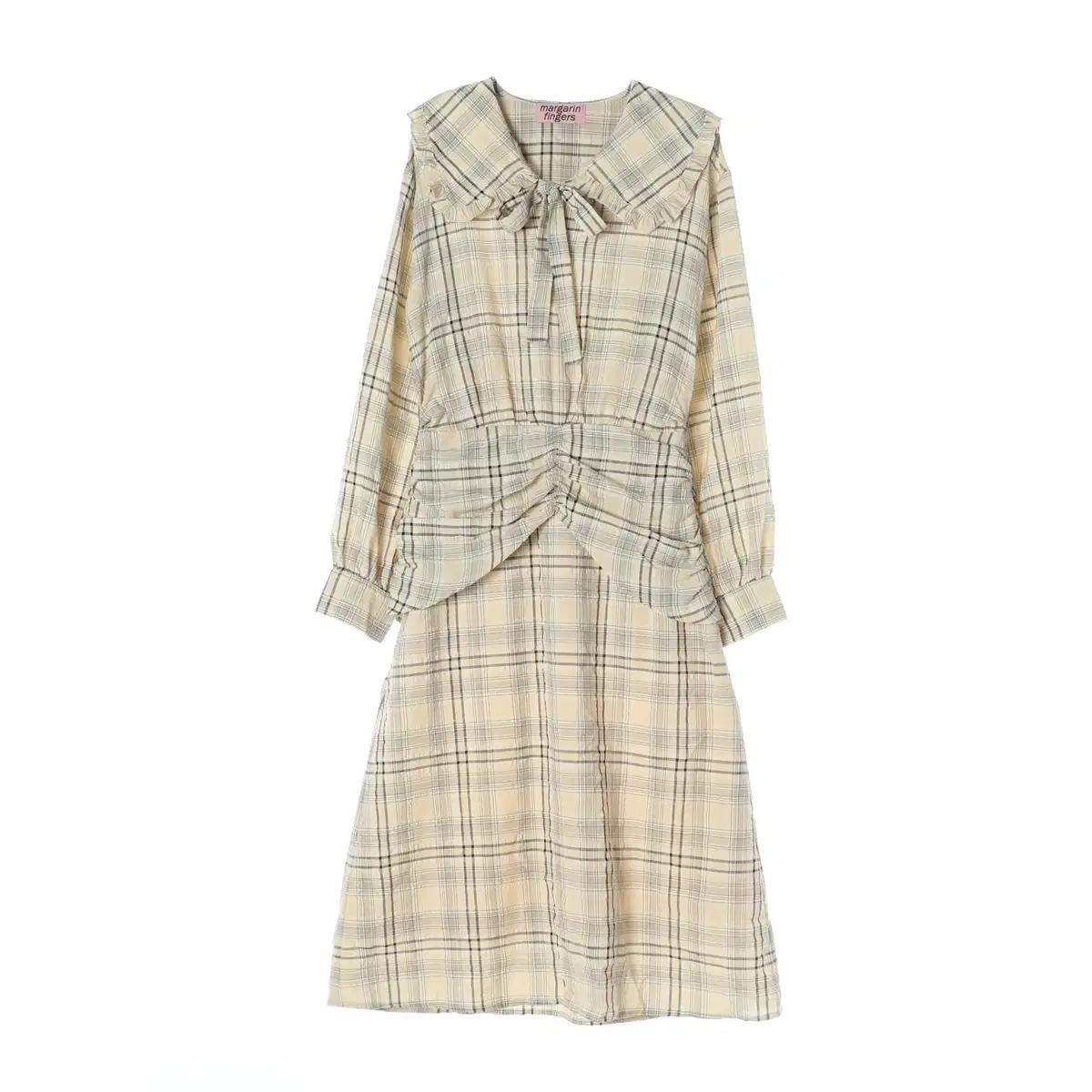 [S]마가린핑거스 옐로우 체크 세일러카라 리본 긴팔 롱 플레어 원피스