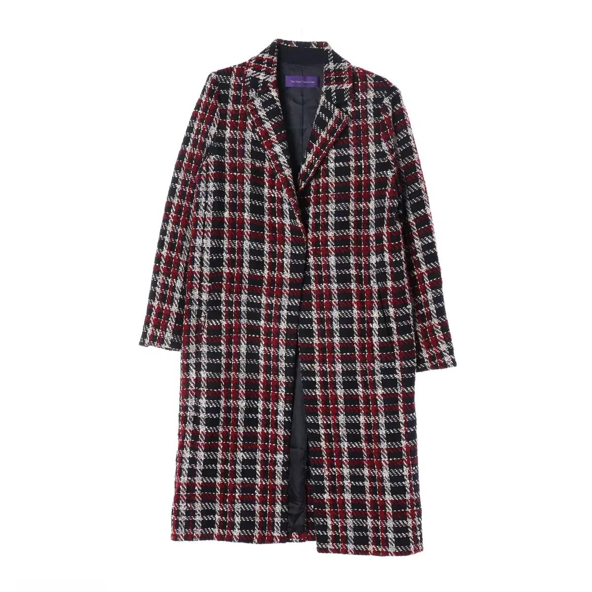 [S]아이잗 콜렉션 레드 체크 트위드 울블렌드 롱 싱글 코트