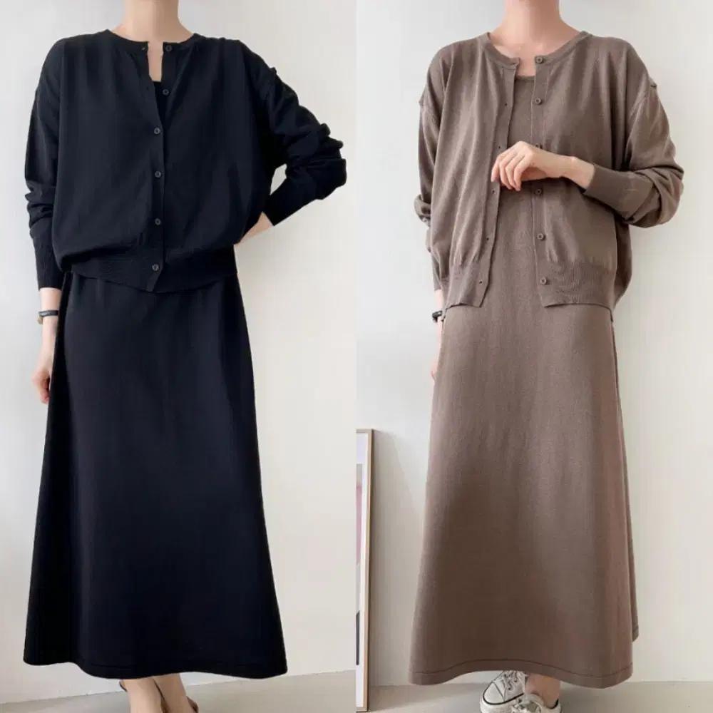 ~77 비스코스100 루즈핏 가디건 나시 롱원피스 투피스 세트 캐주얼코디