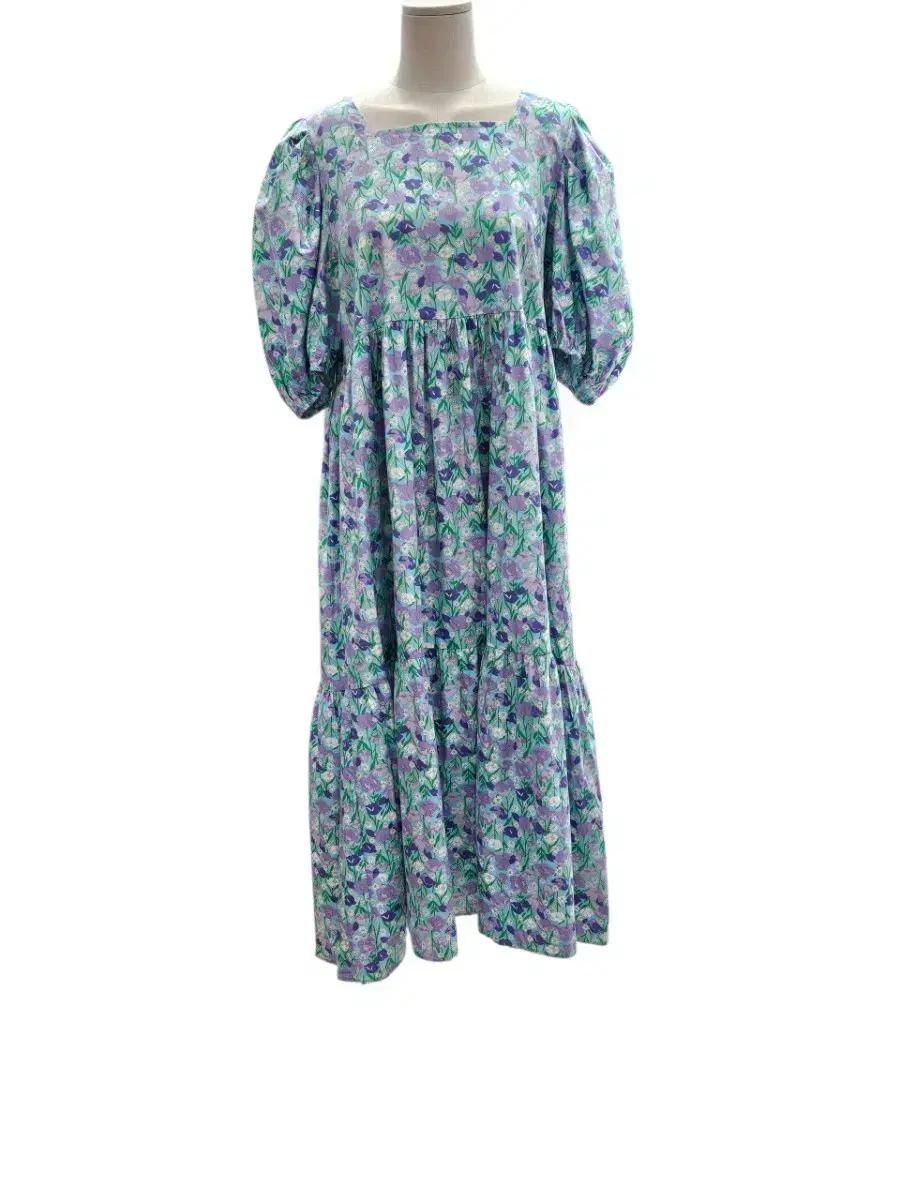 플라워 롱 원피스 퍼프 소매 꽃무늬