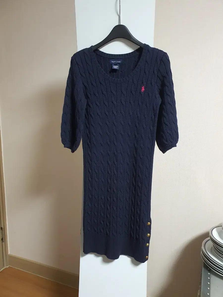 ++랄프로렌 네이비 케이블 니트 원피스 반팔 금장단추