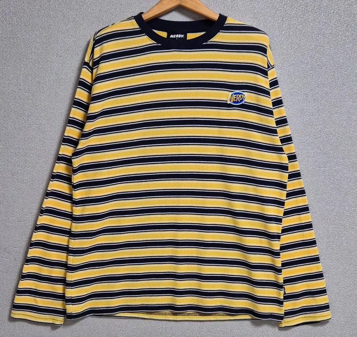 L ) 널디 옐로우/네이비 스트라이프 와플 긴팔티