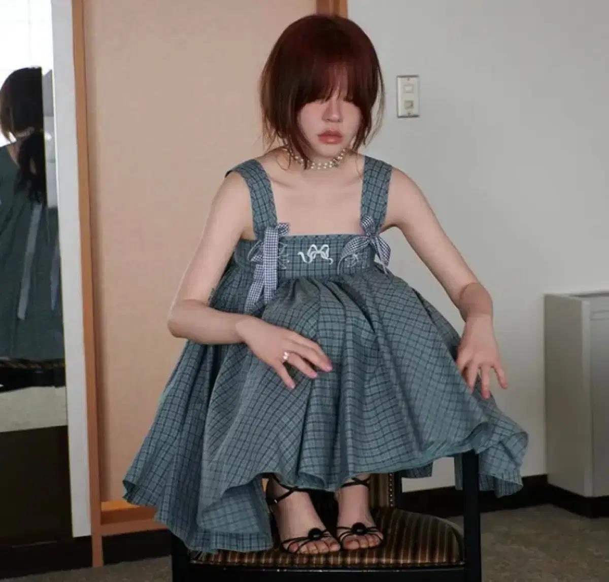 Freckle 프레클 코르셋 미니 드레스 블루 체크 원피스