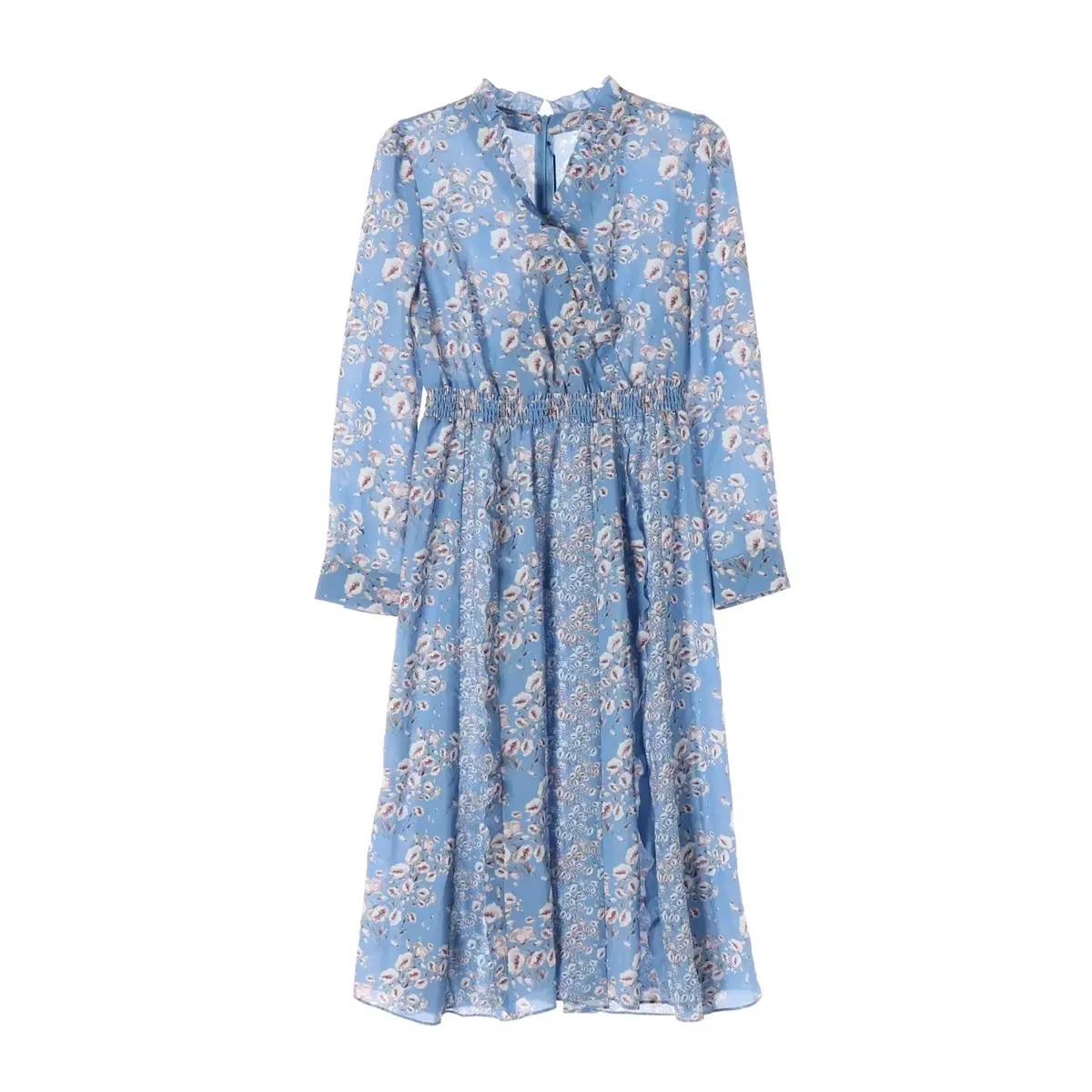 (새상품)[S]ZOOC주크 블루 플로럴 브이넥 긴팔 플레어 롱 원피스