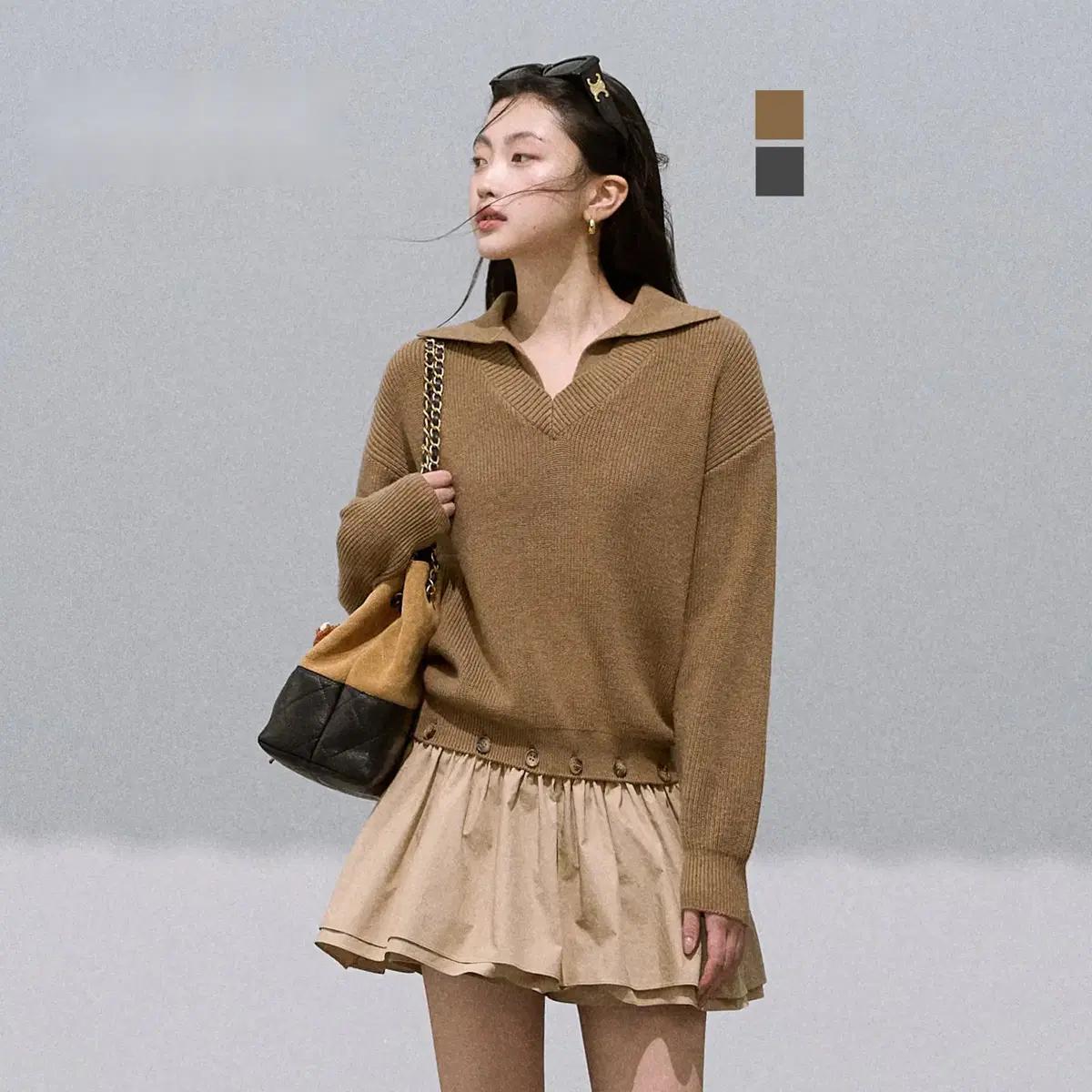 OAKMOO 오크무 V넥 탈부착 스커트 페이크 투피스 니트 원피스