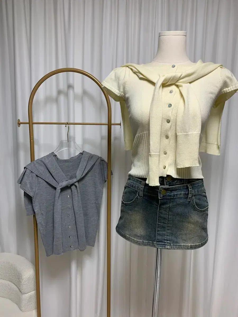 쿨 니트 캡소매 가디건 니트+숄 케이프 니트 세트 2color 새상품