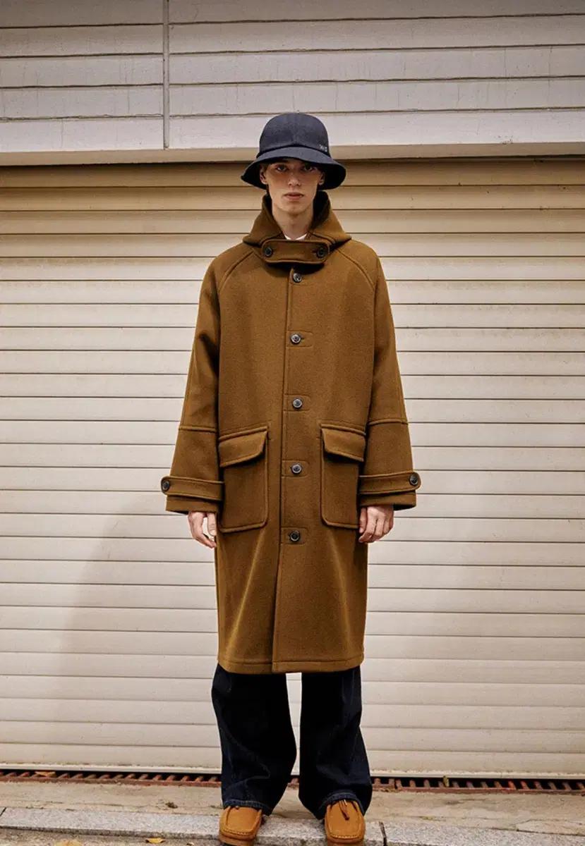 헤지스 카키 울혼방 롱 후드코트