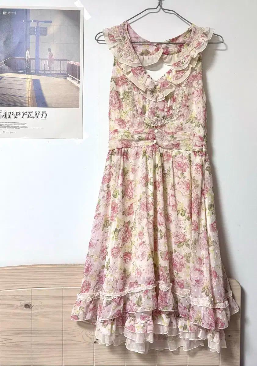 빈티지 엑시즈팜 히메갸루 러플 핑크 플라워 원피스