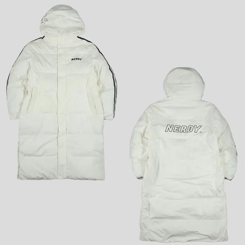 널디 화이트 블랙 라이닝 스펠아웃 로고 투웨이지퍼 후드 오리털 덕다운 롱