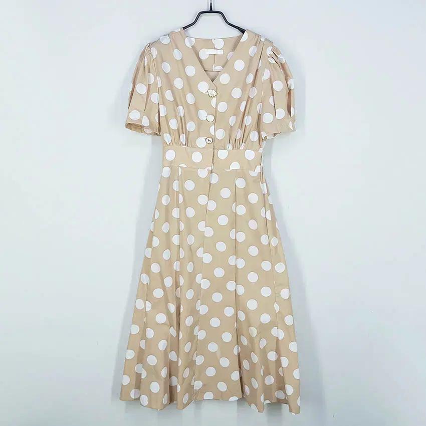 여성 여름 뒷밴딩 홑겹 퍼프반팔 롱원피스 베이지 (HU40366)