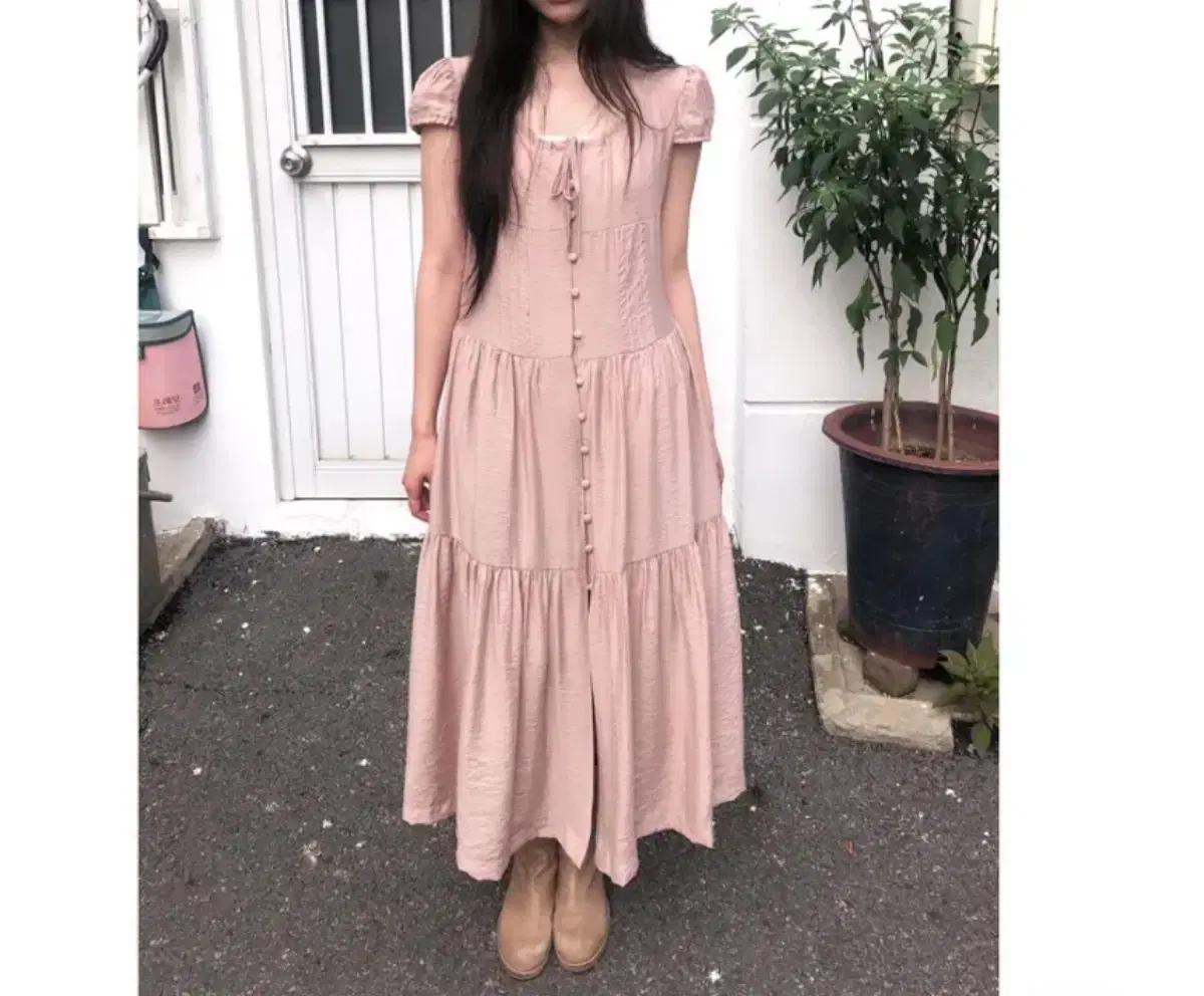 에이블리 빈티지 롱 원피스 핑크 캉캉 퍼프 반팔 반소매 쉬폰