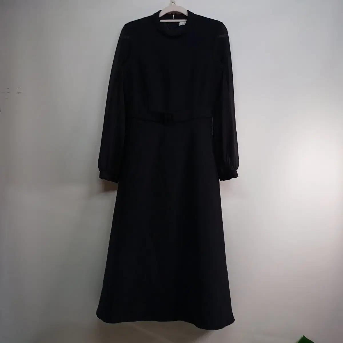 블랙 롱 원피스 시스루 벨트85사이즈 봄가을 59336