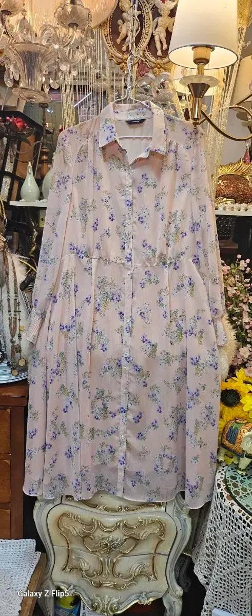 해지스쉬폰 핑크 플라워 롱 셔츠 원피스