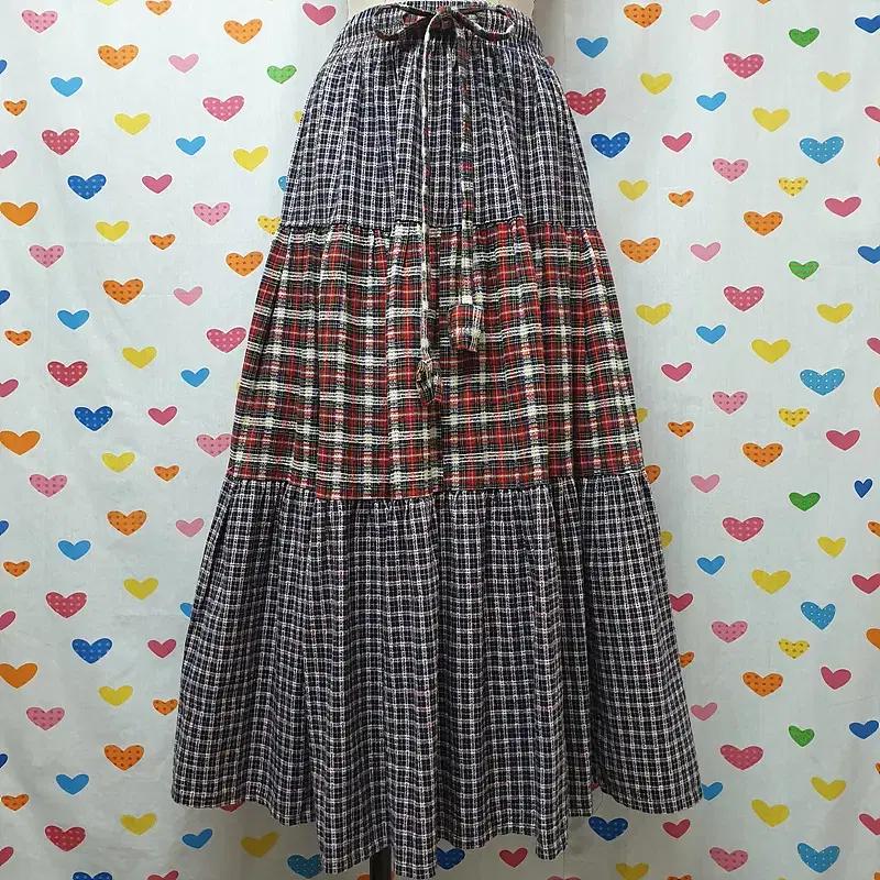트위드 니트 플란넬 타탄체크 티어드 패치워크 밴딩 A라인 플레어 롱 치마