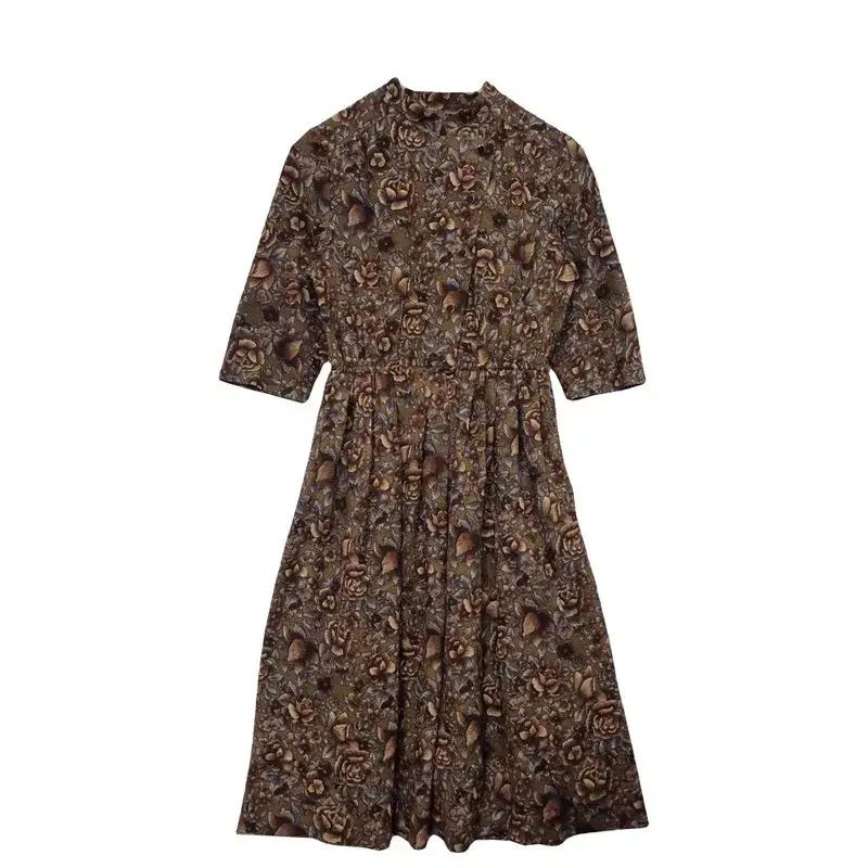 JPN 레트로 브라운 꽃무늬 원피스 [S] 빈티지 플라워 원피스