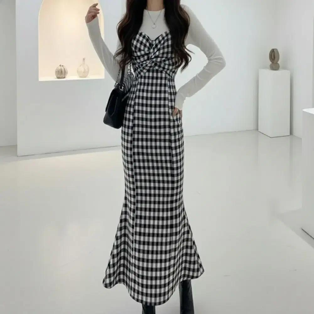 머메이드 체크 뷔스티에 롱원피스(M)