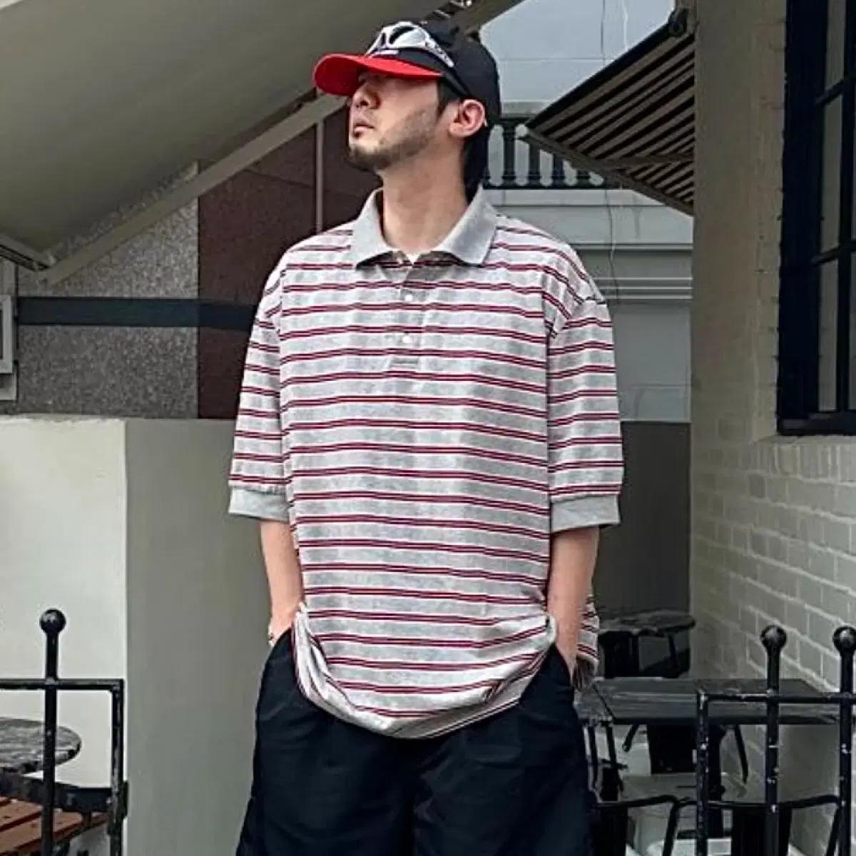 MJD 오버사이즈 스트라이프 카라 티셔츠