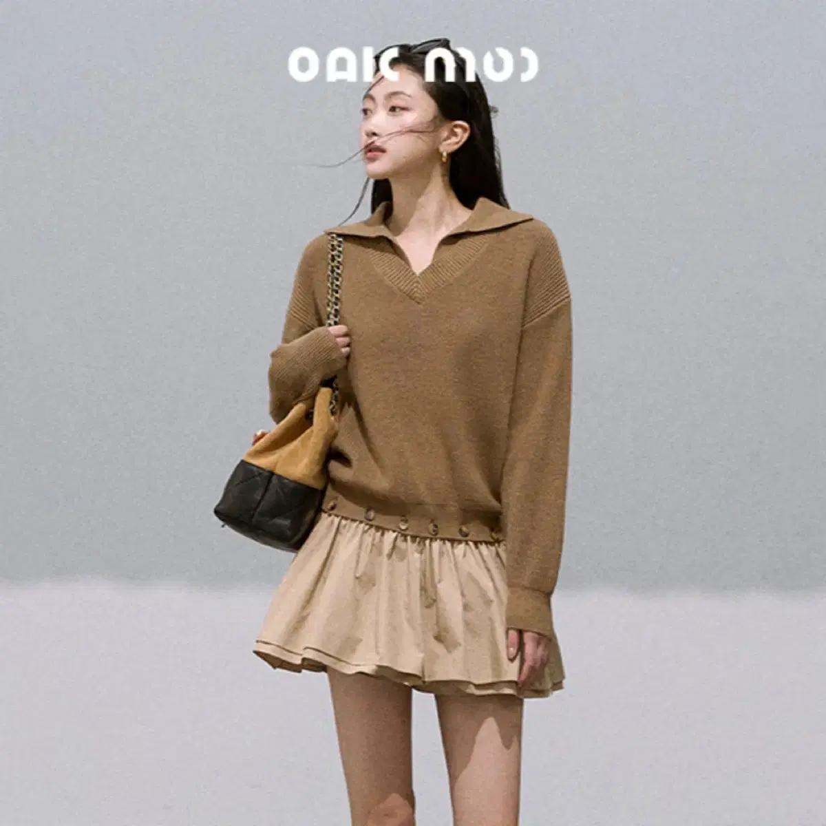 OAKMOO 원피스 탈부착 숏스커트 니트 미니 원피스 (브라운)