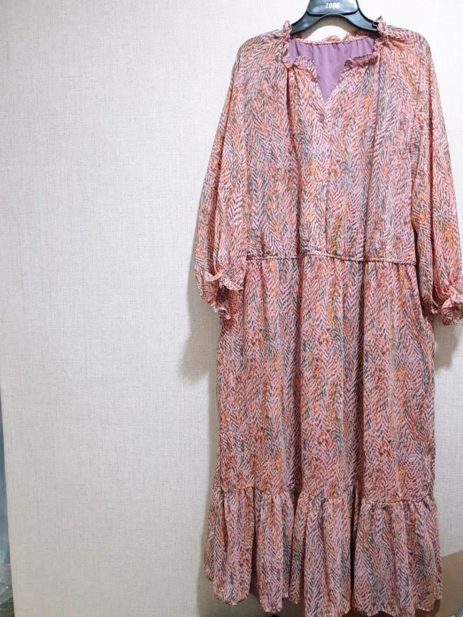 (새상품 88사이즈) 롱원피스, 쉬폰 벨티드 프릴 칠부소매 빅사이즈 여름