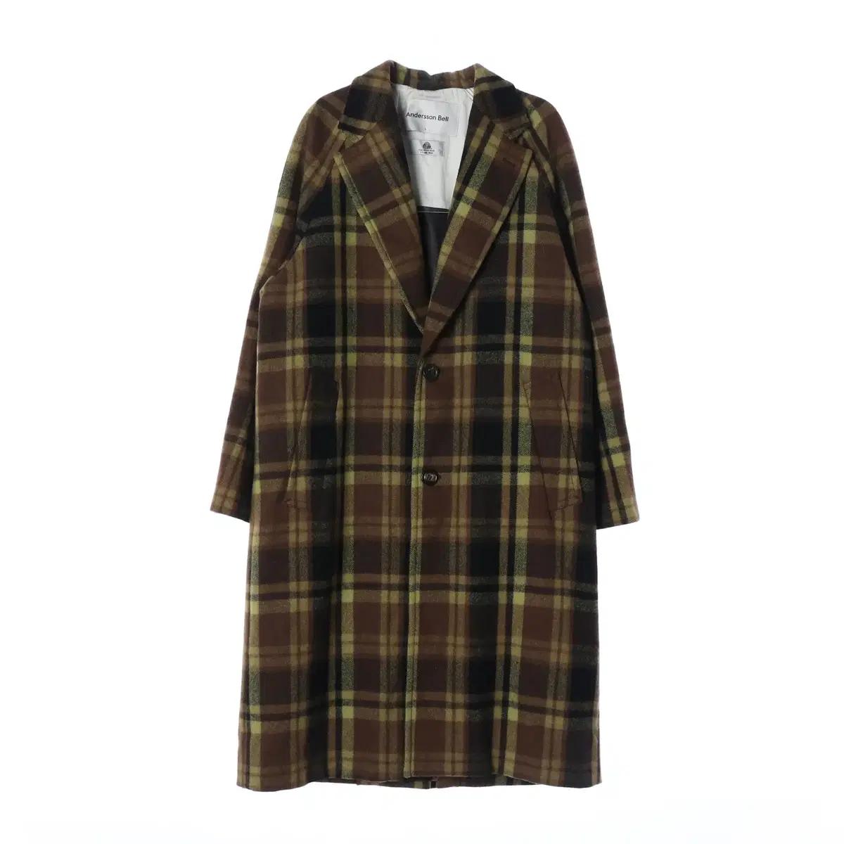 [L]앤더슨벨 울100% 브라운 그린 체크 롱 코트 싱글 코트
