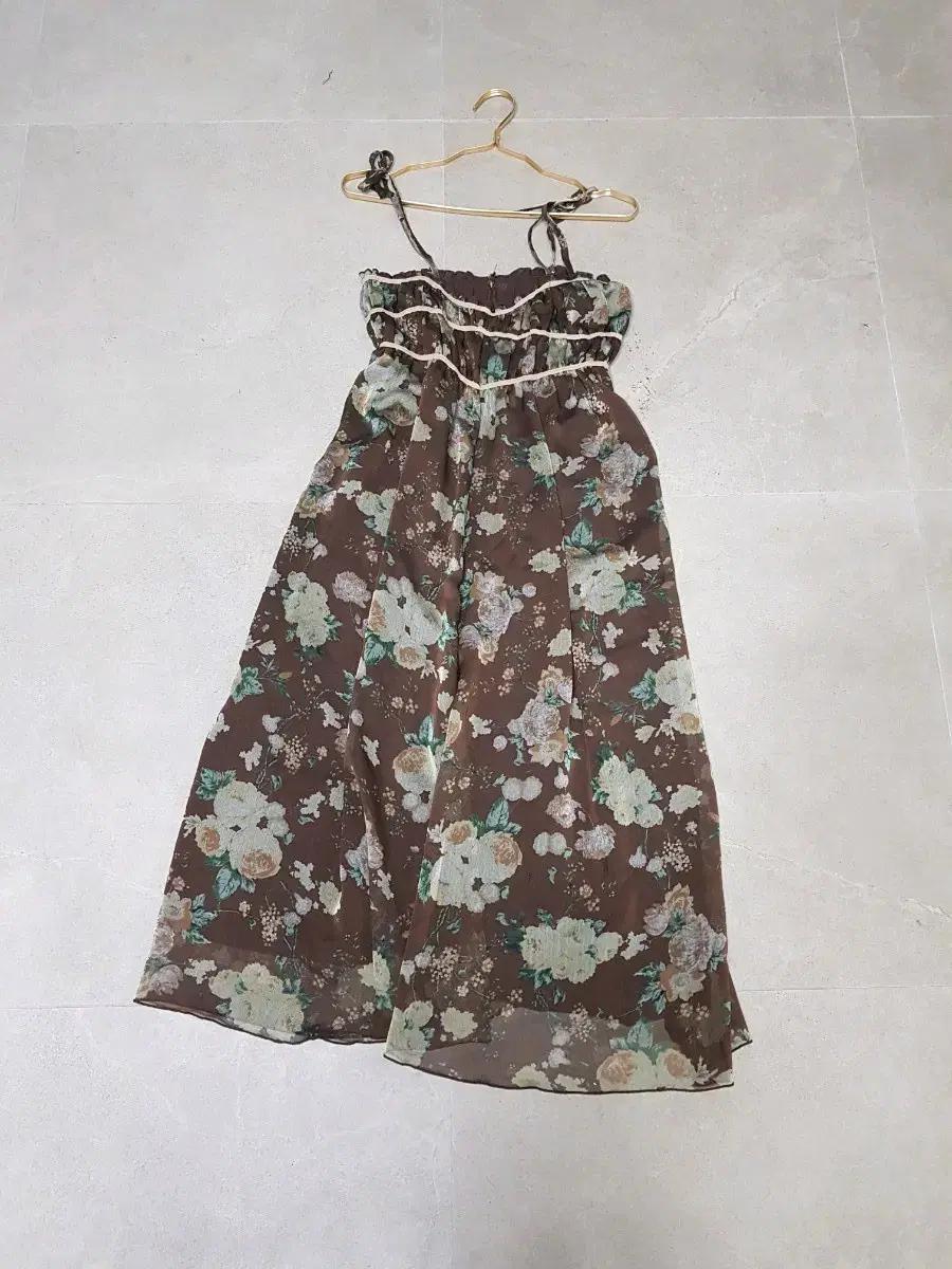 Gaibai 플라워 쉬폰 롱 원피스 브라운 꽃무늬.일본빈티지모리걸갸루히메
