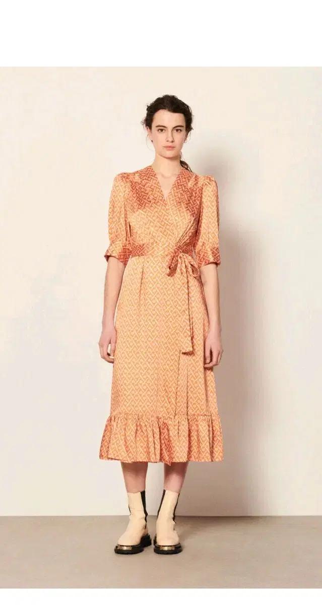 산드로  패턴 랩 스타일 롱 원피스 피치(36)