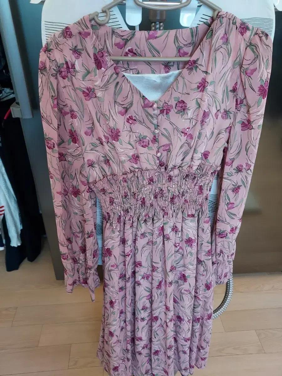 핑크 꽃무늬 롱 원피스 쉬폰 밴딩