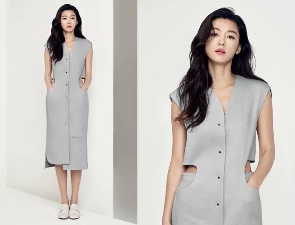 미샤 MICHAA 전지현 트임 꼬임 린넨 원피스 브이넥 셔츠 민소매나시