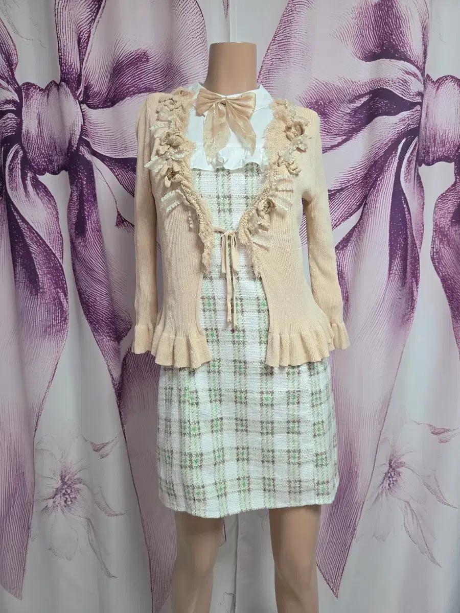 티티앤코 원피스x 리본플라워 프릴가디건 코디세트