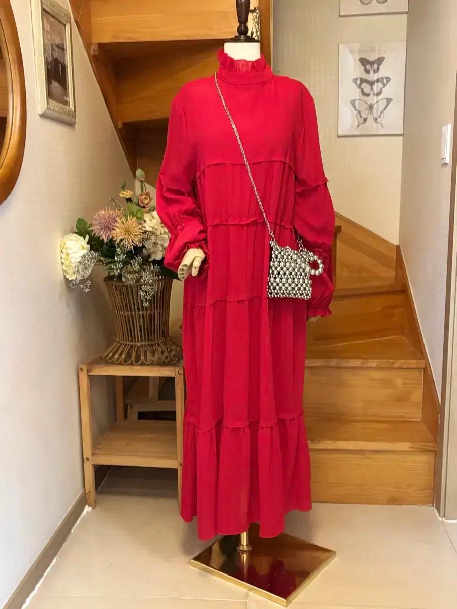 레드 쉬폰 캉캉 롱 원피스